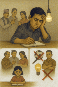 A symbolic illustration showing a child at the center, surrounded by dark societal forces like rigid education, tradition, and inequality. One half of the image is grey and oppressive, symbolizing conformity, while the other half is colorful with paintbrushes, tools, and open windows, representing creativity and freedom. Background elements include a village home, school, and community figures, highlighting the impact of environment on a child's imagination and growth.